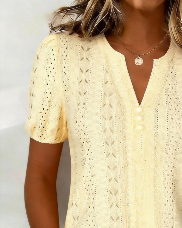 Damska dzianinowa bluzka z dekoltem w serek i bufiastymi rękawami-Blouse for women-Olave