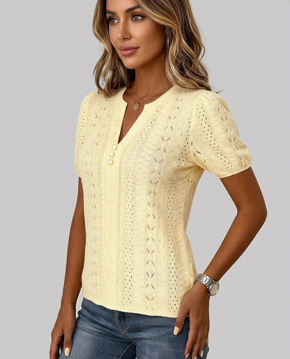 Damska dzianinowa bluzka z dekoltem w serek i bufiastymi rękawami-Blouse for women-Olave
