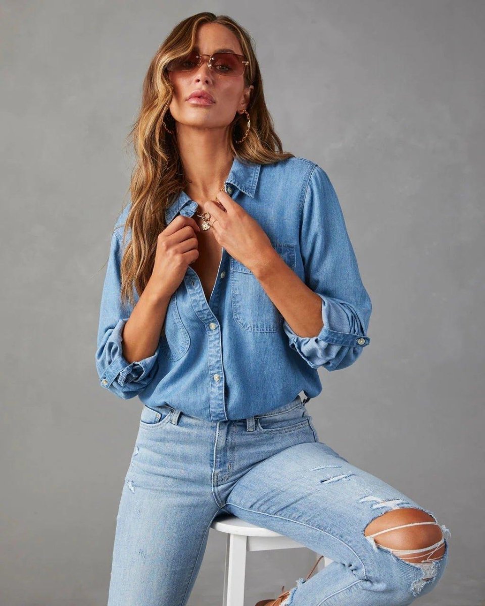 Damska koszula jeansowa zapinana na guziki-Shirts for women-Olave