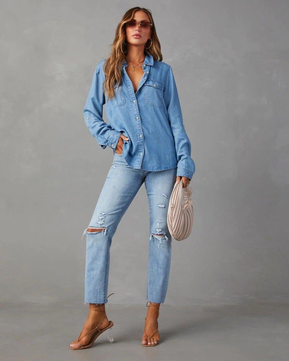 Damska koszula jeansowa zapinana na guziki-Shirts for women-Olave