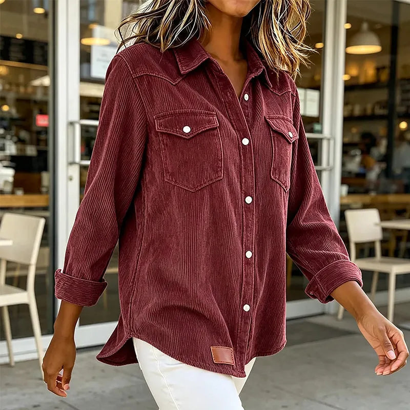 Damska koszula sztruksowa zapinana na guziki z naszywanymi kieszeniami-Shirts for women-Olave