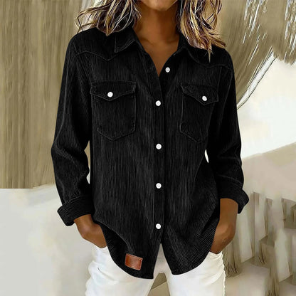 Damska koszula sztruksowa zapinana na guziki z naszywanymi kieszeniami-Shirts for women-Olave
