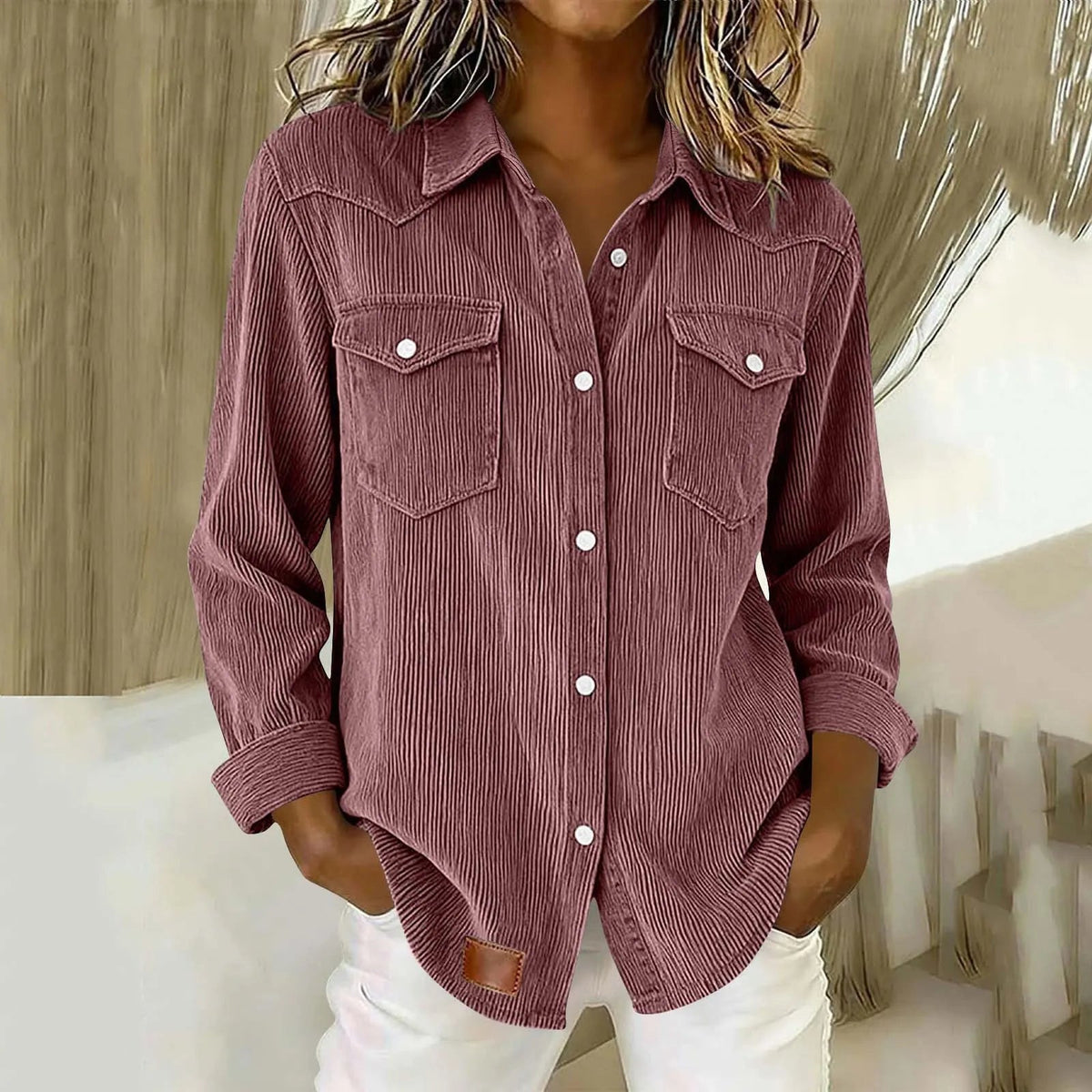 Damska koszula sztruksowa zapinana na guziki z naszywanymi kieszeniami-Shirts for women-Olave