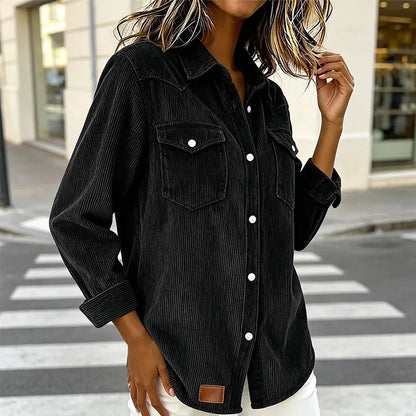 Damska koszula sztruksowa zapinana na guziki z naszywanymi kieszeniami-Shirts for women-Olave
