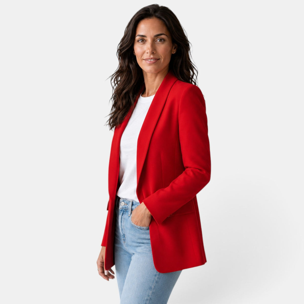 Damska marynarka z otwartym przodem i kieszeniami z patkami-Blazer for women-Olave