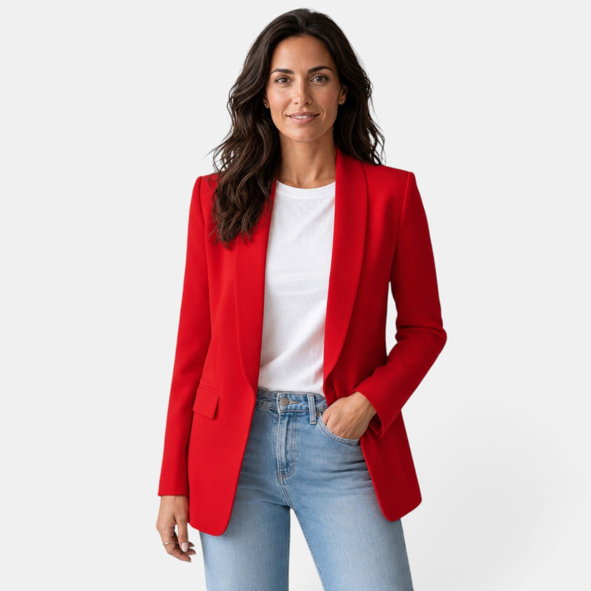 Damska marynarka z otwartym przodem i kieszeniami z patkami-Blazer for women-Olave