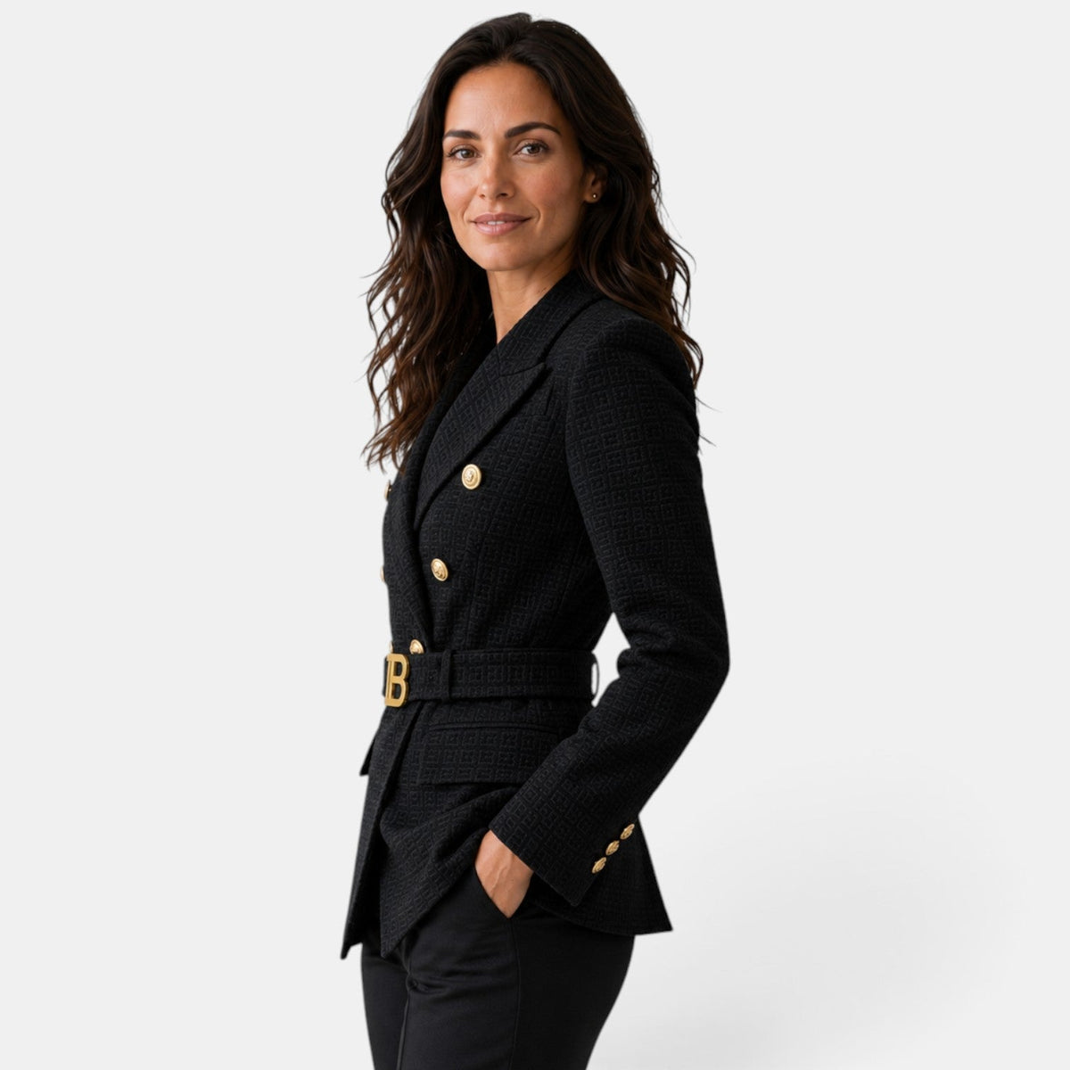 Damska marynarka żakardowa z paskiem-Blazer for women-Olave