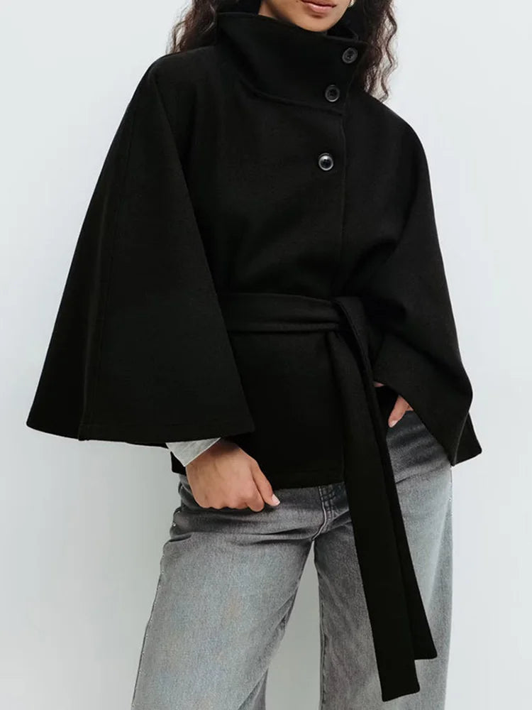 Damska peleryna ze stójką i wiązanym paskiem-Jacket for women-Olave