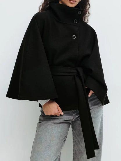 Damska peleryna ze stójką i wiązanym paskiem-Jacket for women-Olave