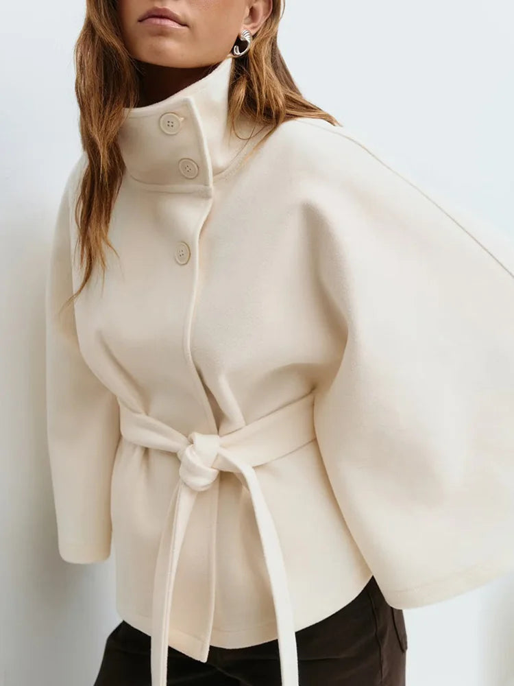 Damska peleryna ze stójką i wiązanym paskiem-Jacket for women-Olave