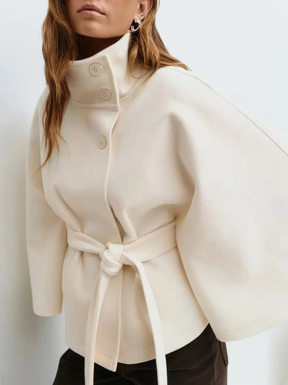 Damska peleryna ze stójką i wiązanym paskiem-Jacket for women-Olave