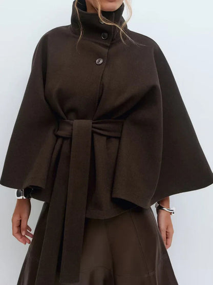 Damska peleryna ze stójką i wiązanym paskiem-Jacket for women-Olave