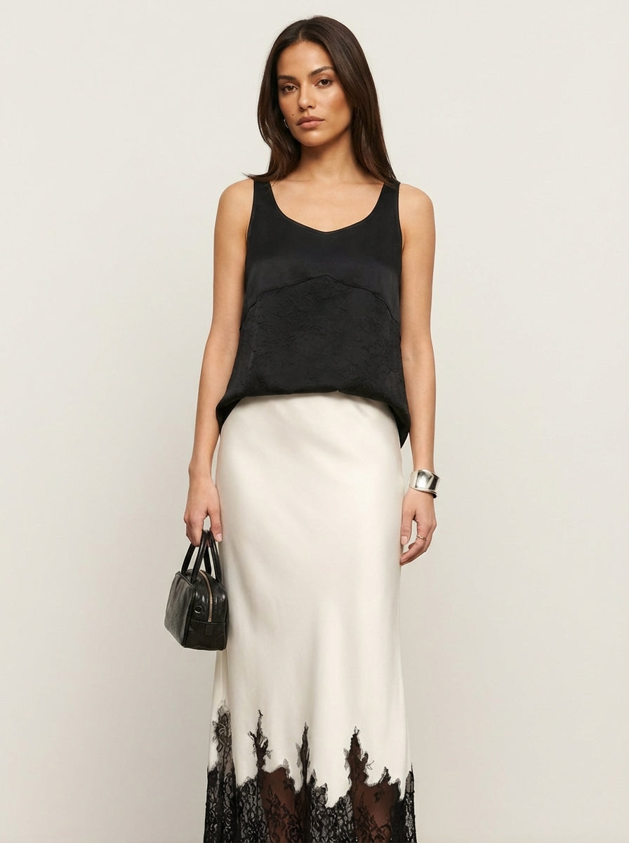 Damska spódnica midi z satyny z koronkowym wykończeniem-Skirt for women-Olave