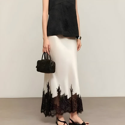Damska spódnica midi z satyny z koronkowym wykończeniem-Skirt for women-Olave