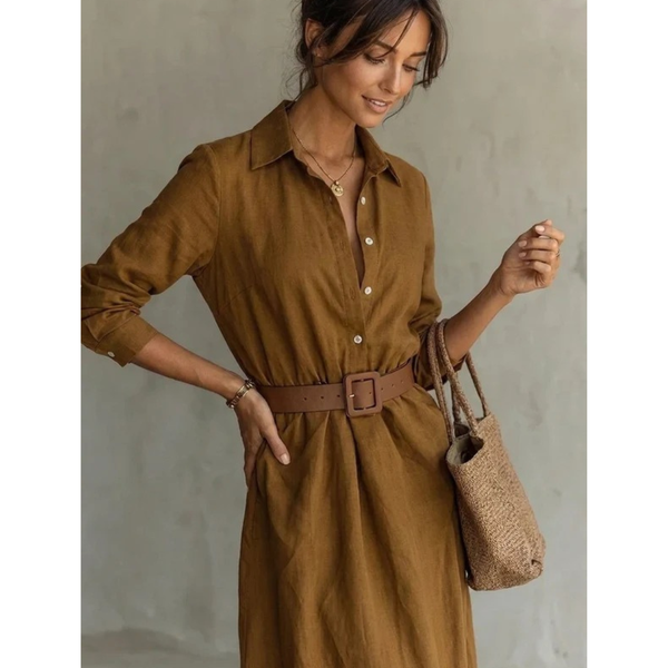 Damska sukienka koszulowa maxi zapinana na guziki z paskiem-Maxi Dress-Olave
