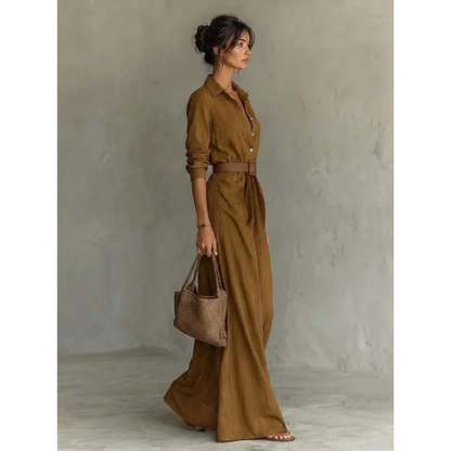 Damska sukienka koszulowa maxi zapinana na guziki z paskiem-Maxi Dress-Olave