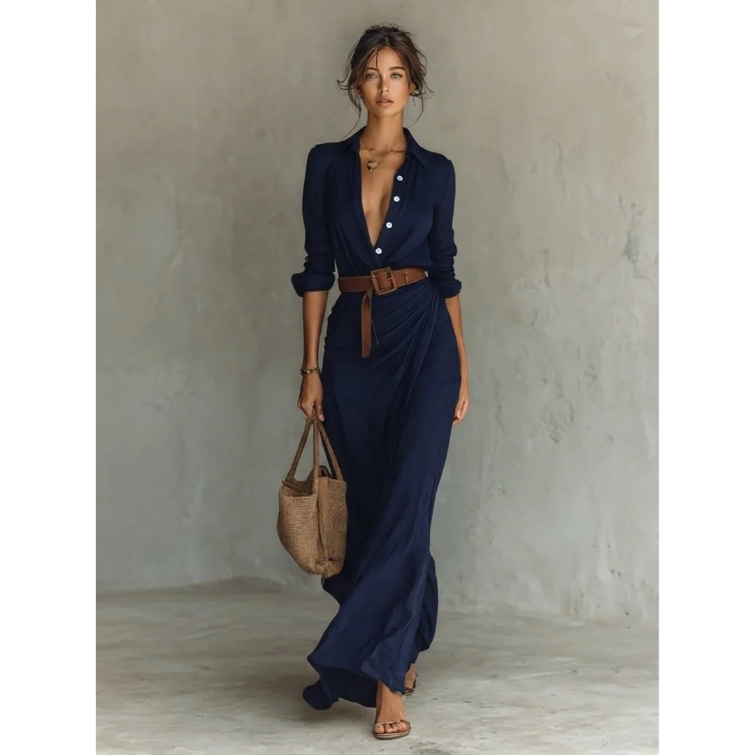 Damska sukienka koszulowa maxi zapinana na guziki z paskiem-Maxi Dress-Olave