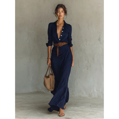 Damska sukienka koszulowa maxi zapinana na guziki z paskiem-Maxi Dress-Olave