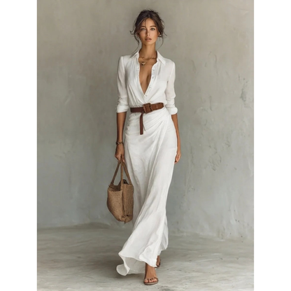 Damska sukienka koszulowa maxi zapinana na guziki z paskiem-Maxi Dress-Olave