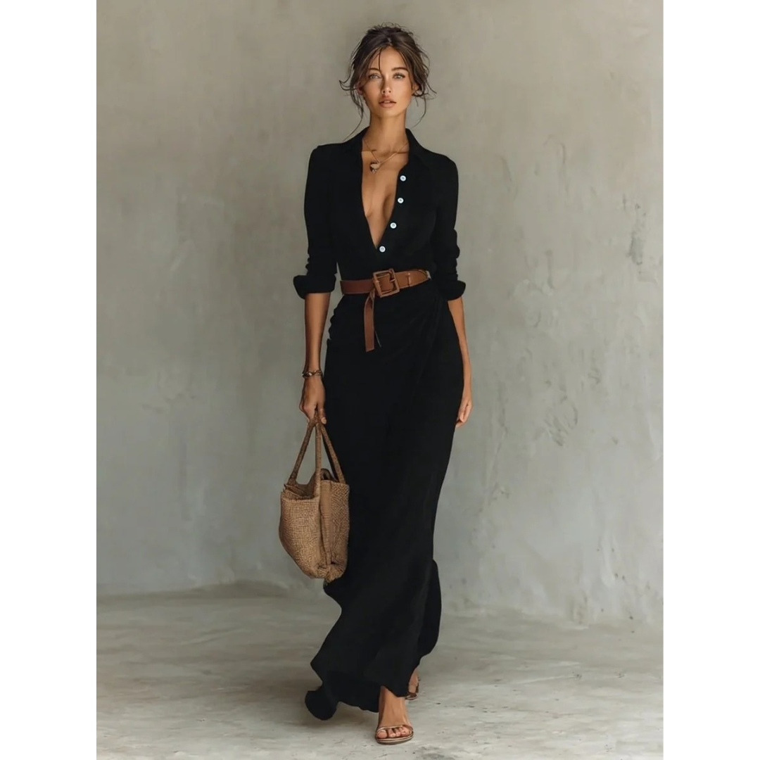 Damska sukienka koszulowa maxi zapinana na guziki z paskiem-Maxi Dress-Olave