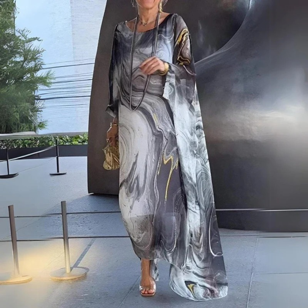 Damska sukienka maxi typu kaftan w marmurowy wzór-Maxi Dress-Olave