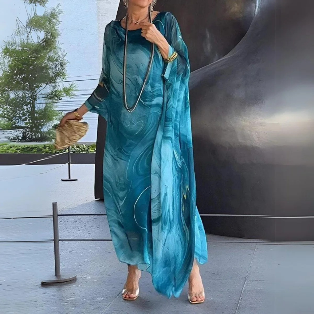 Damska sukienka maxi typu kaftan w marmurowy wzór-Maxi Dress-Olave