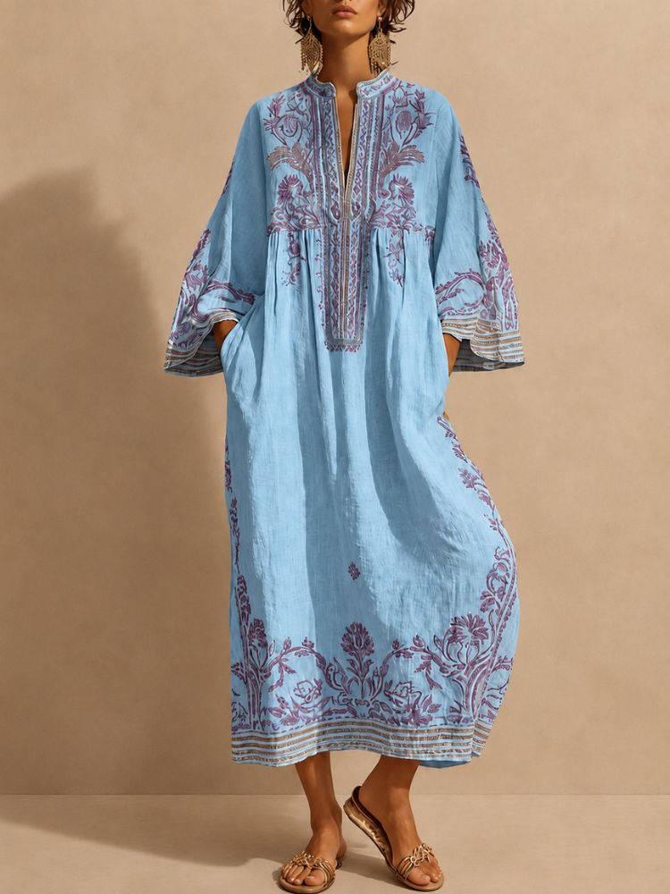 Damska sukienka maxi z haftem i szerokimi rękawami-Maxi Dress-Olave