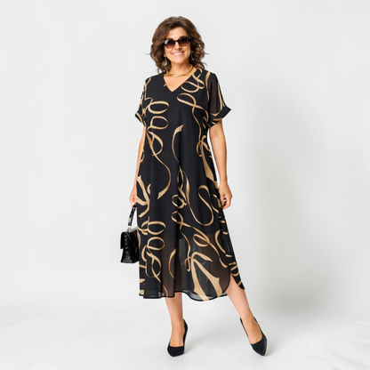 Damska sukienka midi z nadrukiem i dekoltem w serek-Midi Dress-Olave