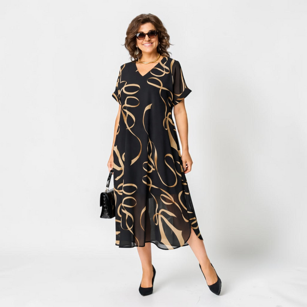 Damska sukienka midi z nadrukiem i dekoltem w serek-Midi Dress-Olave