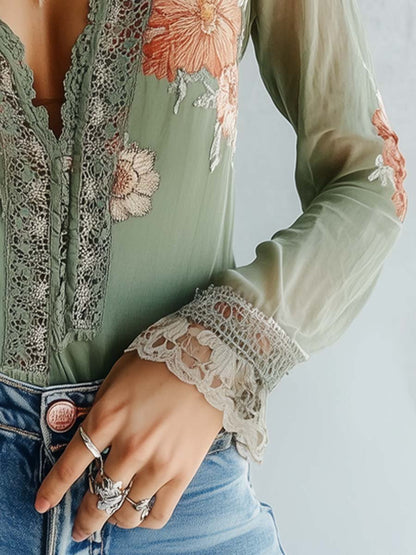 Damska szyfonowa bluzka z haftem i koronkowym wykończeniem-Blouses for women-Olave
