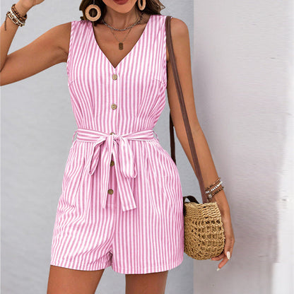 Damski kombinezon w paski bez rękawów zapinany na guziki-Jumpsuits for women-Olave