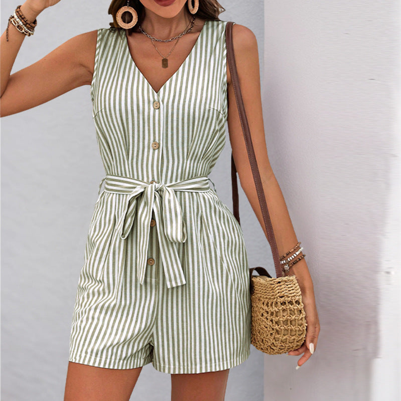 Damski kombinezon w paski bez rękawów zapinany na guziki-Jumpsuits for women-Olave