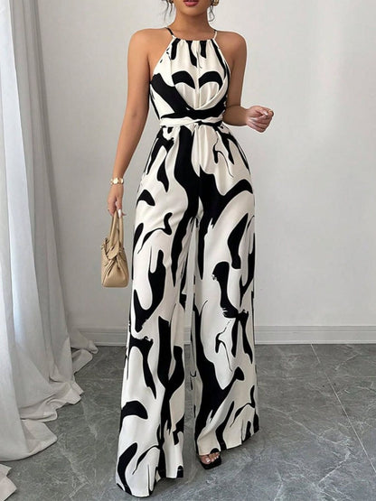 Damski kombinezon z dekoltem typu halter i szerokimi nogawkami w abstrakcyjny wzór-Jumpsuits for women-Olave