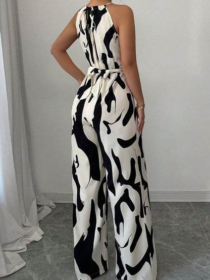 Damski kombinezon z dekoltem typu halter i szerokimi nogawkami w abstrakcyjny wzór-Jumpsuits for women-Olave