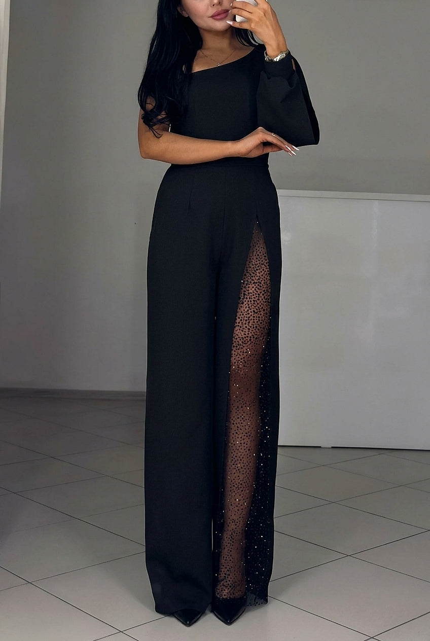 Damski kombinezon z jednym ramieniem, szerokimi nogawkami i przezroczystym panelem-Jumpsuits for women-Olave