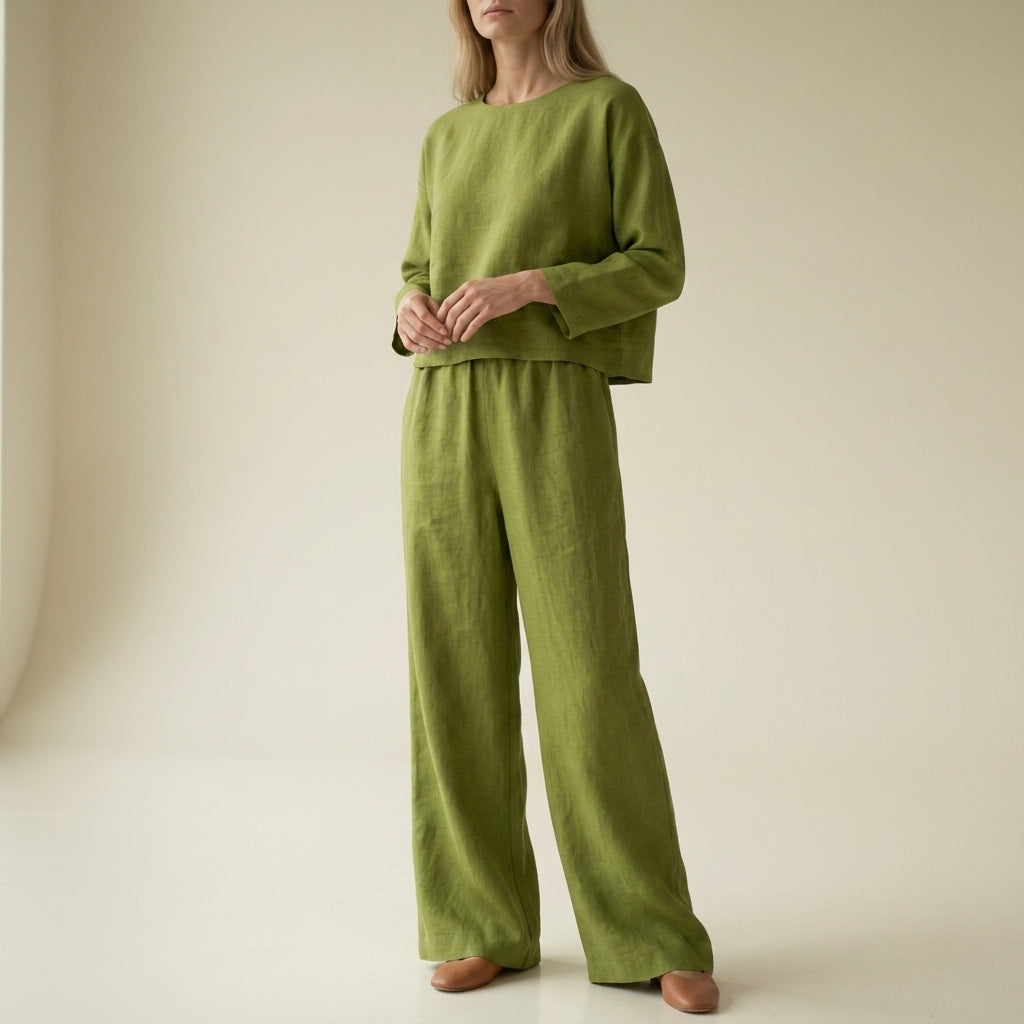 Damski komplet lniany z szerokimi nogawkami-Sets for women-Olave