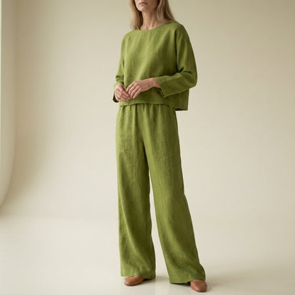 Damski komplet lniany z szerokimi nogawkami-Sets for women-Olave