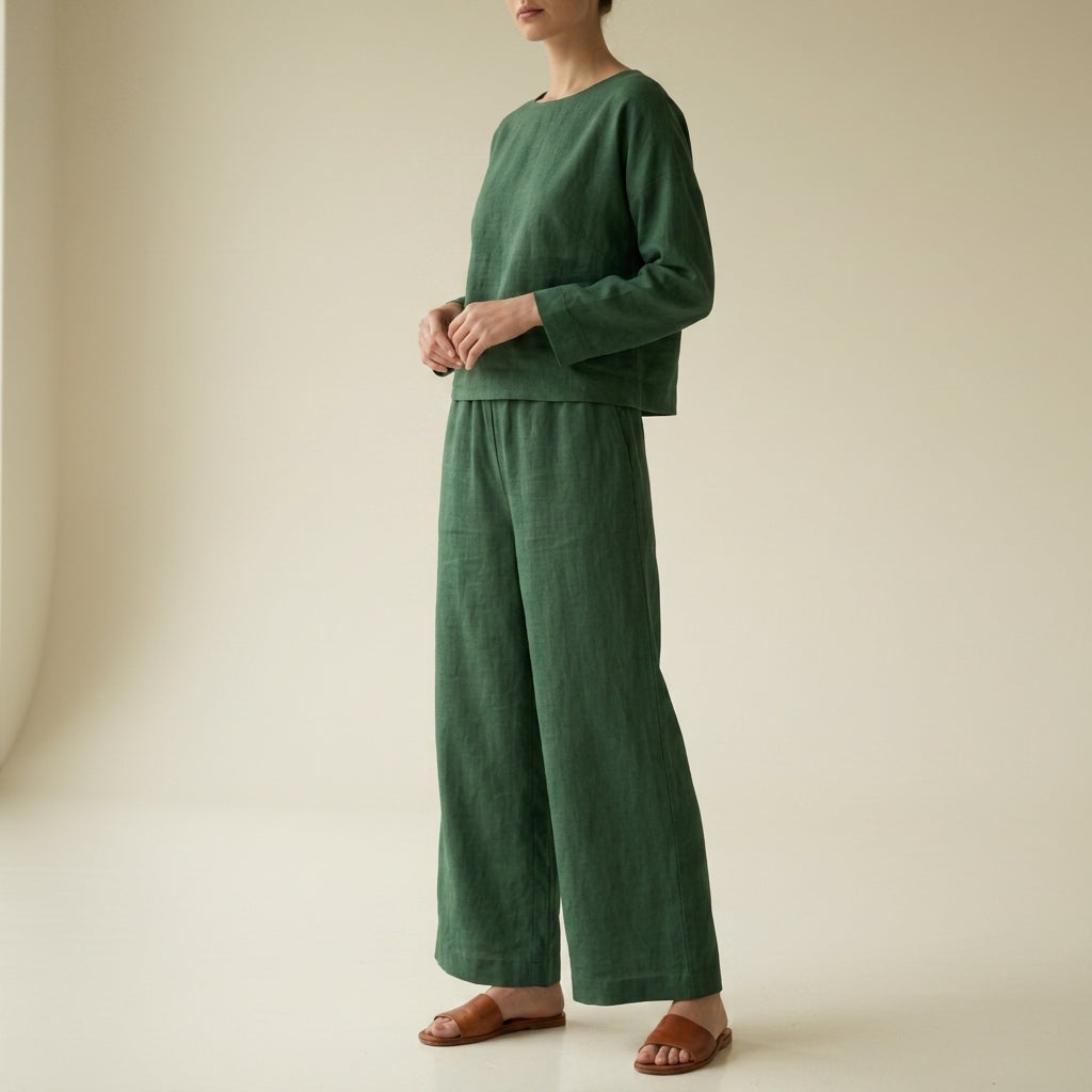Damski komplet lniany z szerokimi nogawkami-Sets for women-Olave