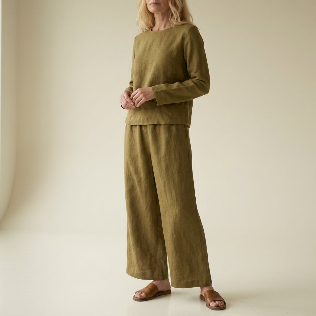 Damski komplet lniany z szerokimi nogawkami-Sets for women-Olave