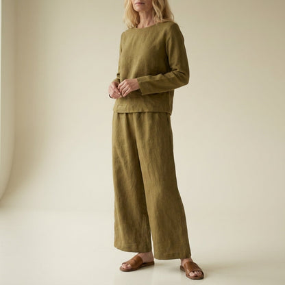 Damski komplet lniany z szerokimi nogawkami-Sets for women-Olave