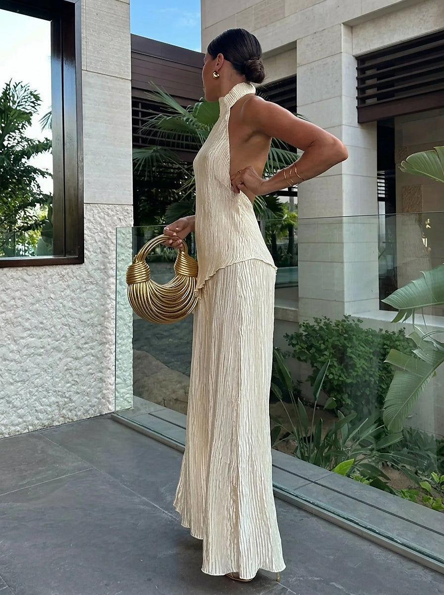 Damski komplet: plisowany top typu halter i spodnie z szerokimi nogawkami-Sets for women-Olave
