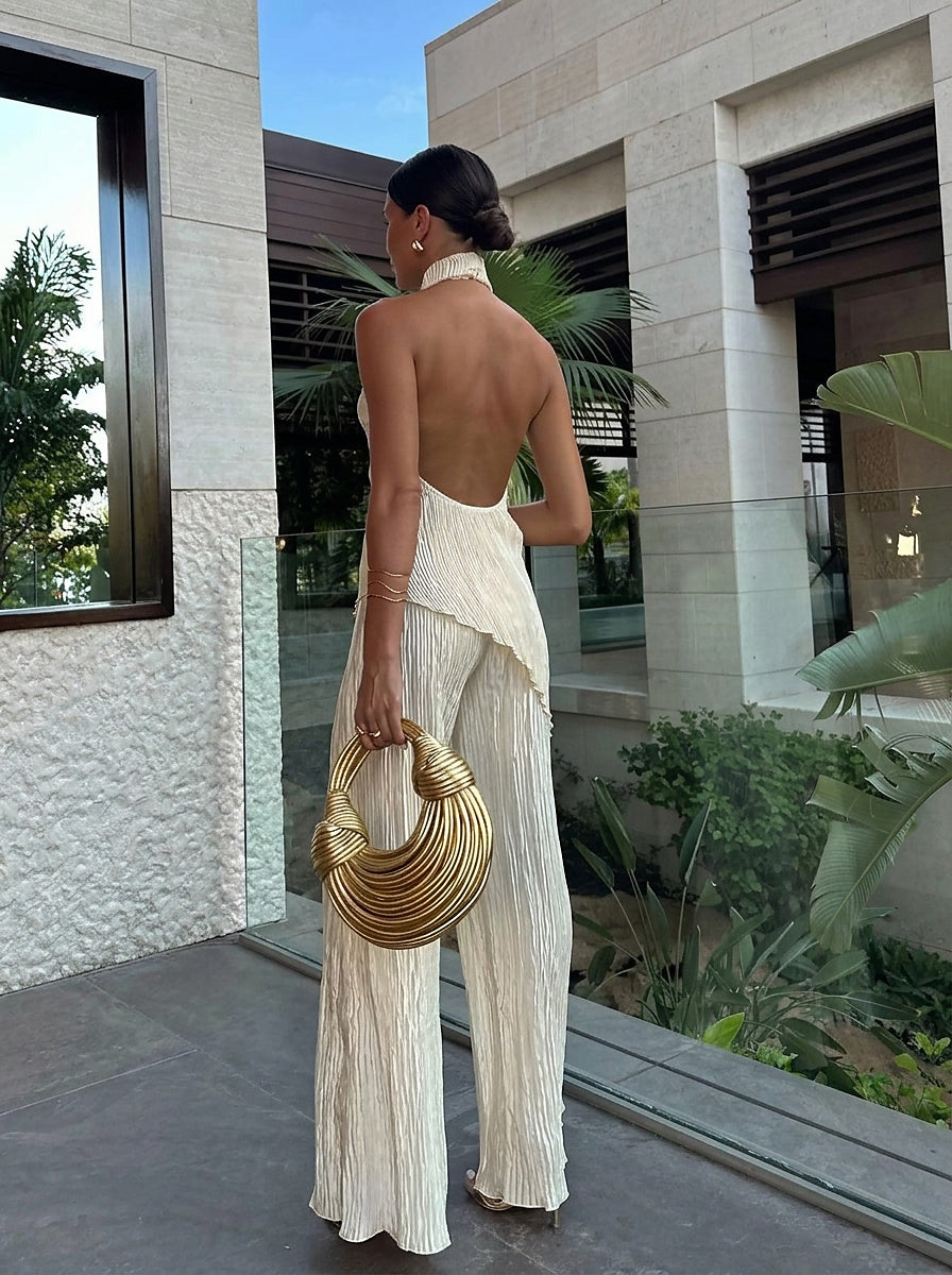 Damski komplet: plisowany top typu halter i spodnie z szerokimi nogawkami-Sets for women-Olave