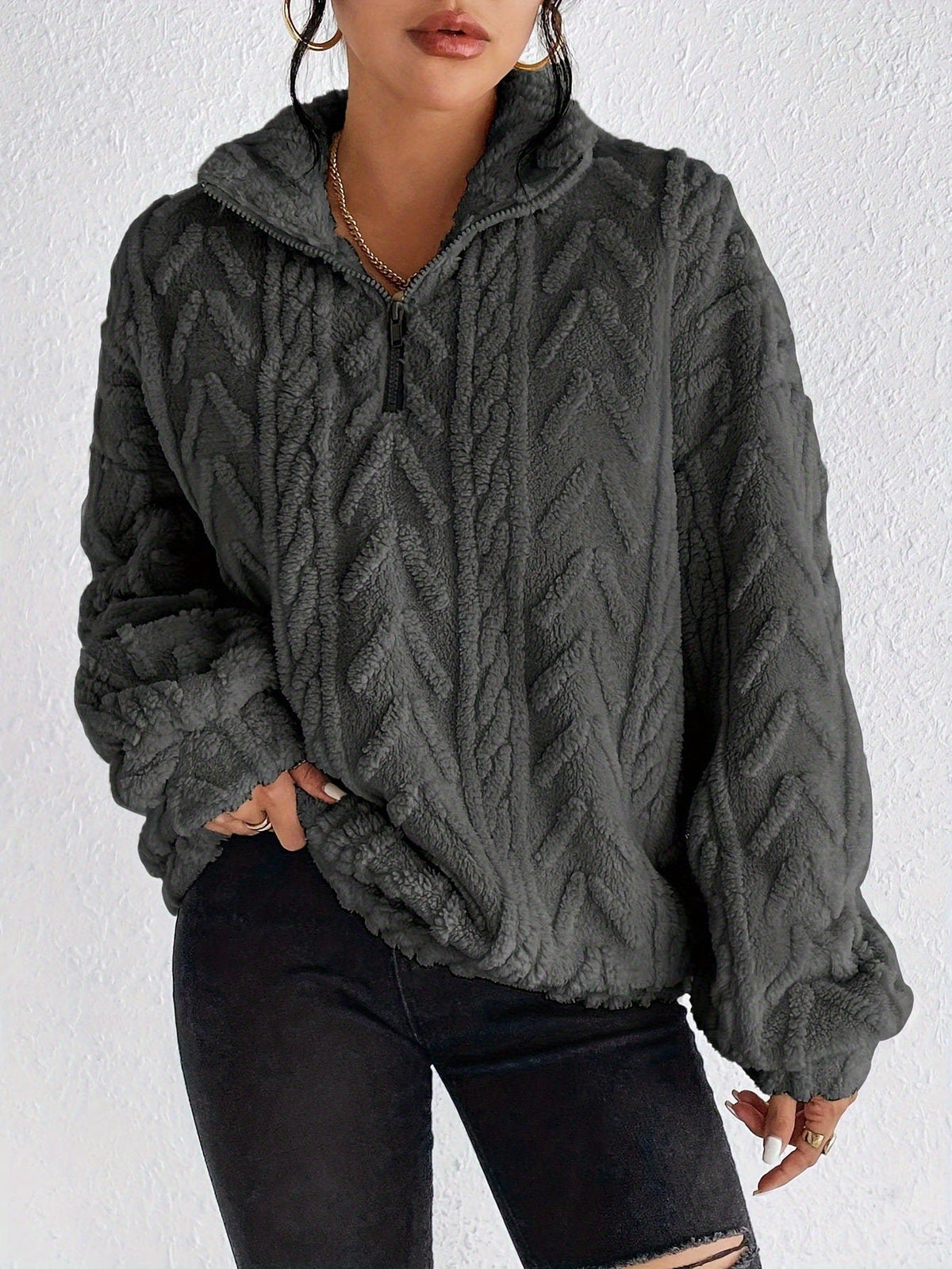 Damski polarowy sweter z zamkiem pod szyją-Sweaters for Women-Olave