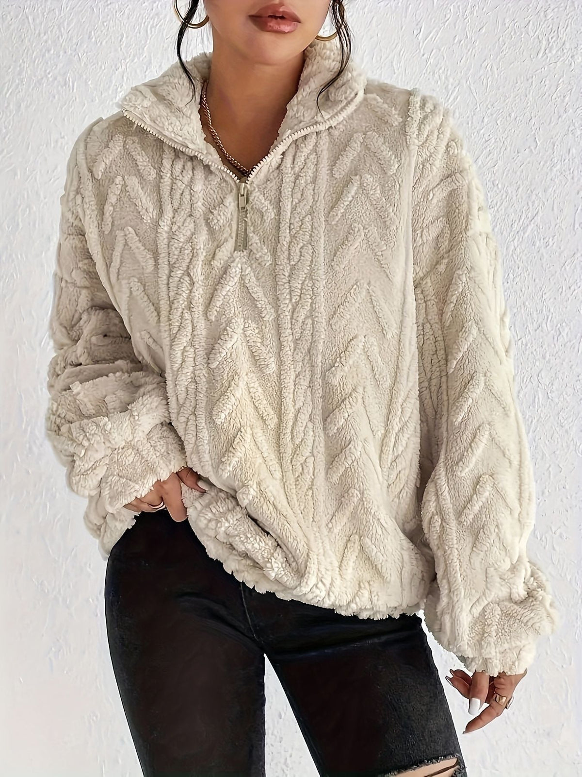 Damski polarowy sweter z zamkiem pod szyją-Sweaters for Women-Olave