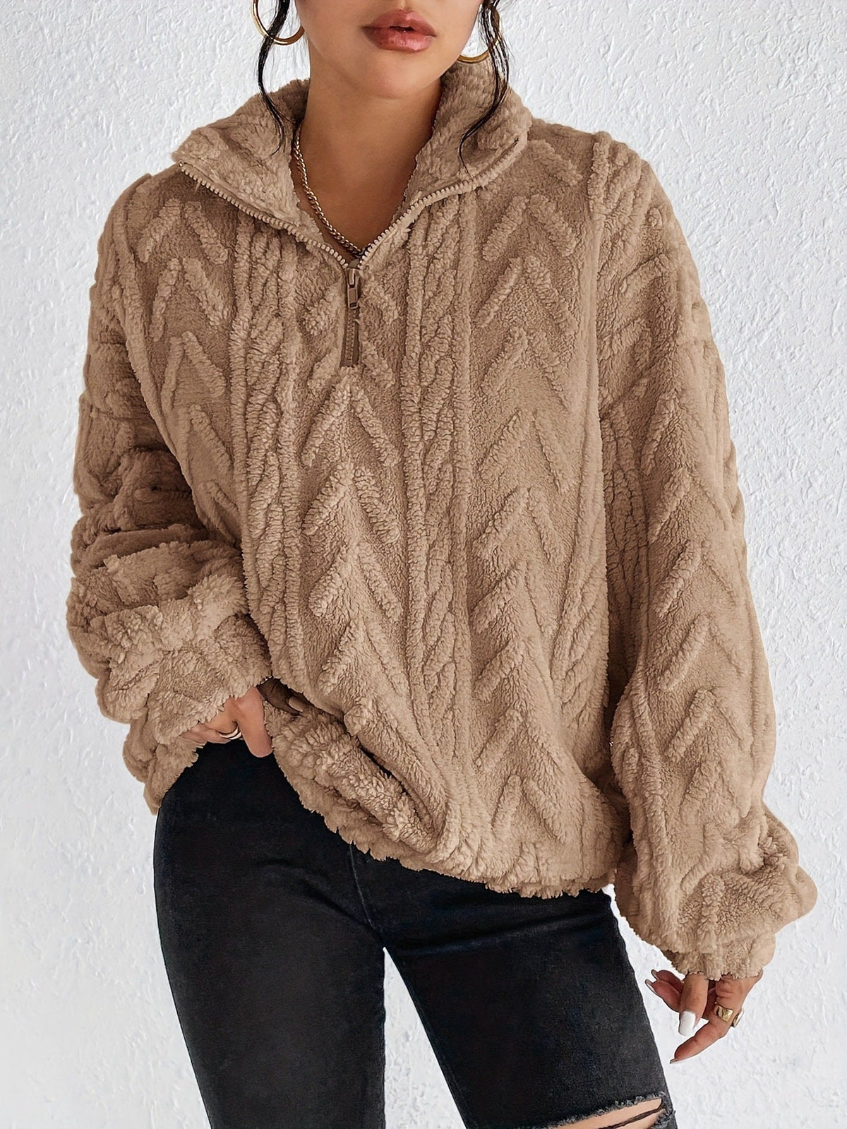 Damski polarowy sweter z zamkiem pod szyją-Sweaters for Women-Olave
