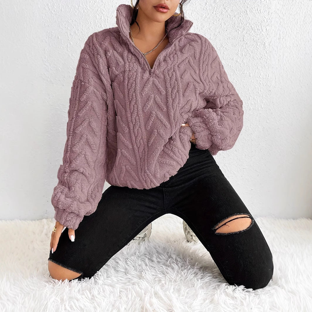Damski polarowy sweter z zamkiem pod szyją-Sweaters for Women-Olave