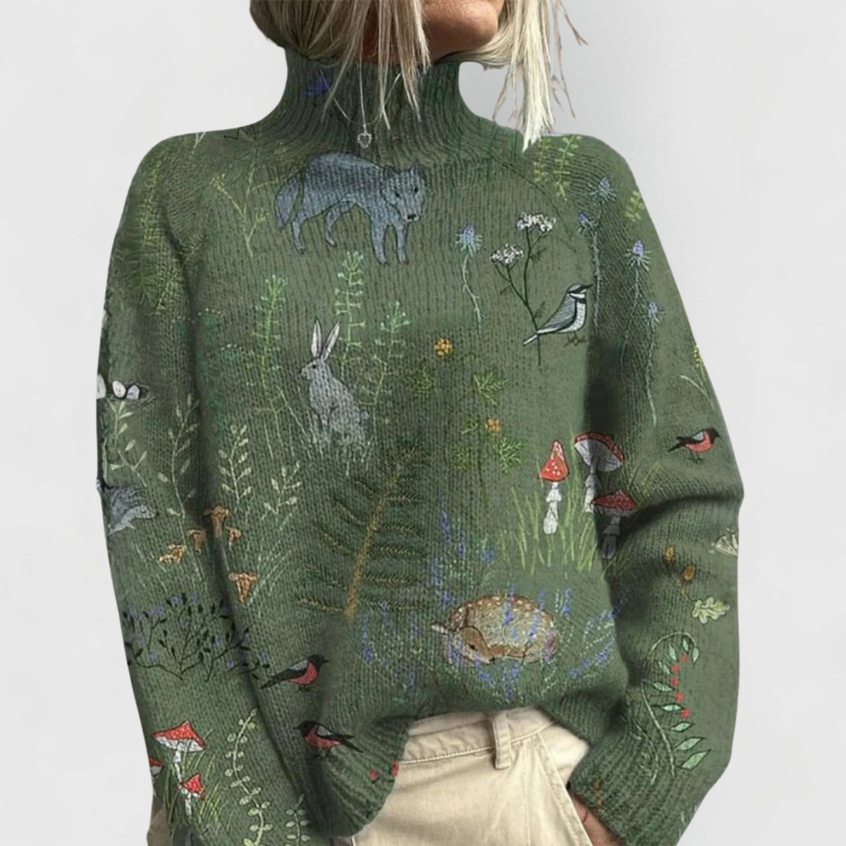 Damski sweter dzianinowy z golfem i kwiatowym wzorem-Sweaters for Women-Olave
