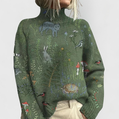 Damski sweter dzianinowy z golfem i kwiatowym wzorem-Sweaters for Women-Olave