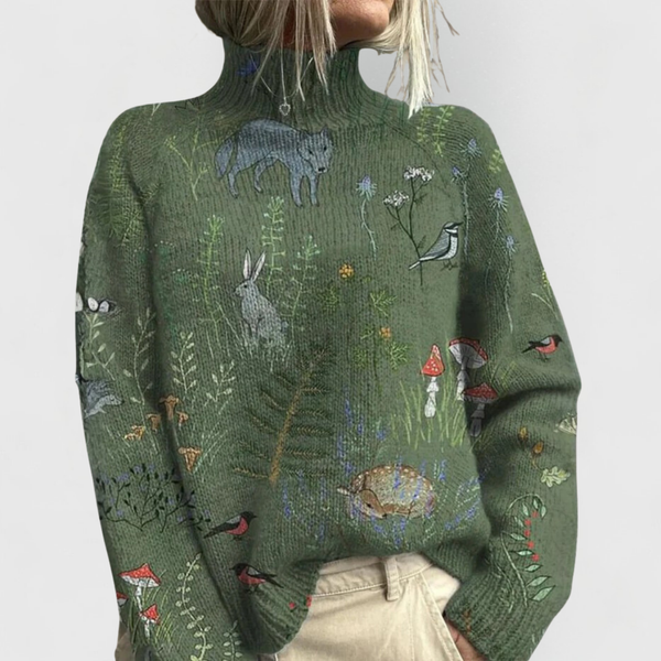 Damski sweter dzianinowy z golfem i kwiatowym wzorem-Sweaters for Women-Olave
