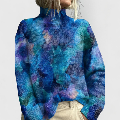 Damski sweter dzianinowy z golfem i kwiatowym wzorem-Sweaters for Women-Olave